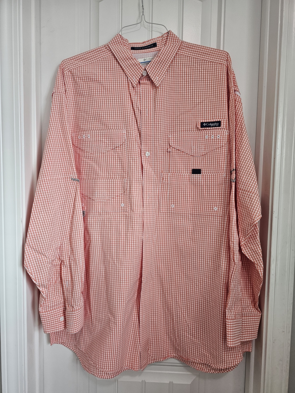 Columbia PFG Vented Fishing Men's Coral Gingham Long-Sleeve Button-Down Shirt